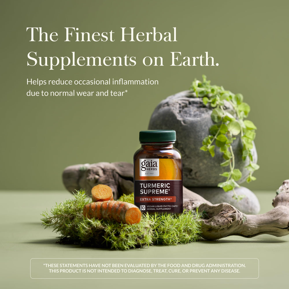 Close-up of the Gaia Herbs Turmeric Supreme Extra Strength label