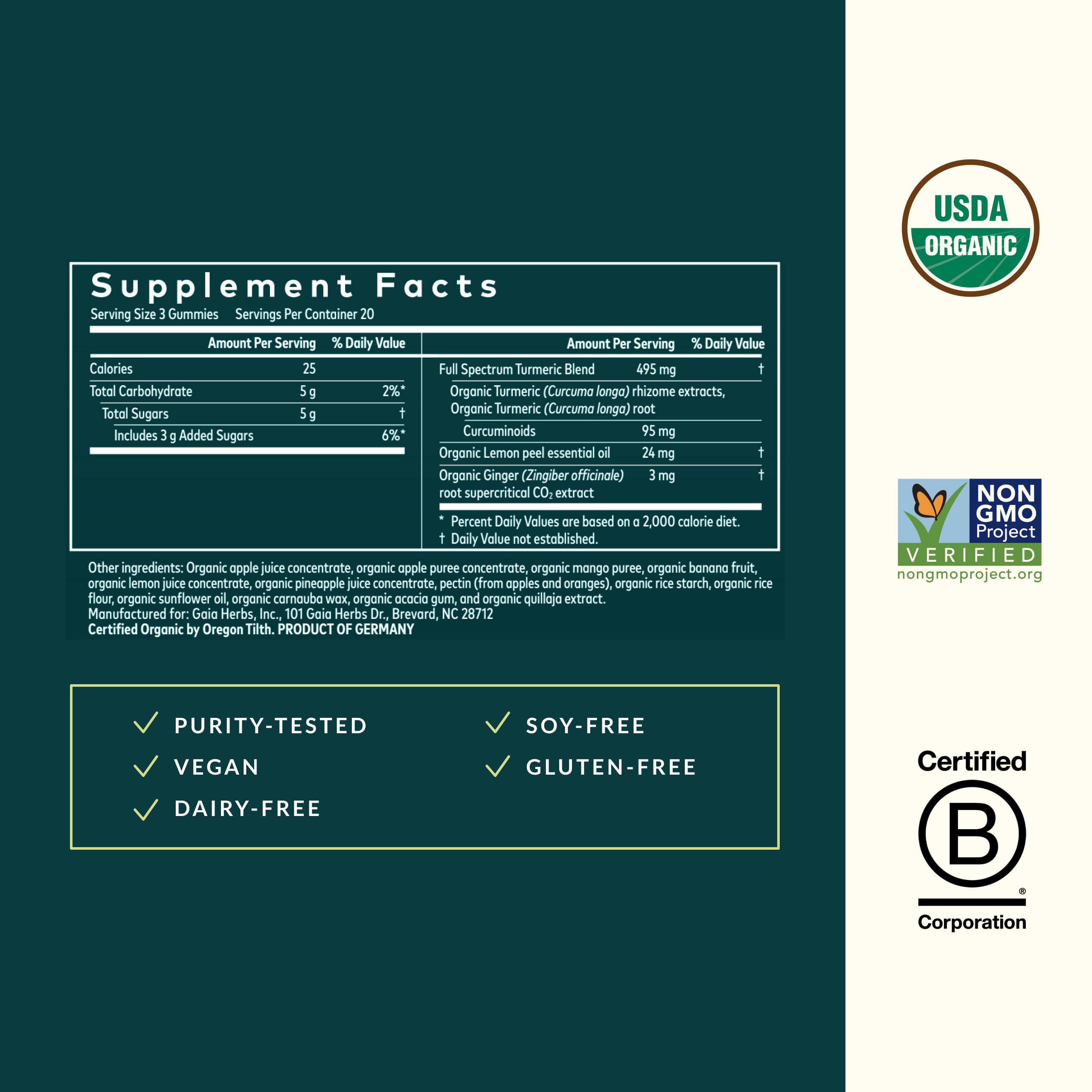 Gaia Turmeric Supreme Extra Strength Gummies ingredients panel
