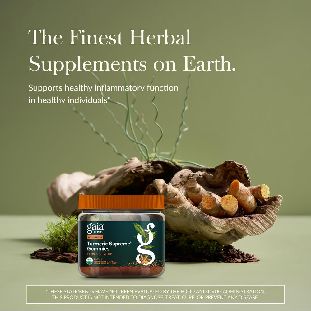 Side view of Gaia Herbs Turmeric Supreme Extra Strength Gummies bottle