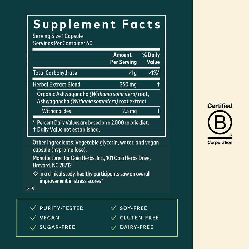 Close-up of Gaia Ashwagandha Root capsules