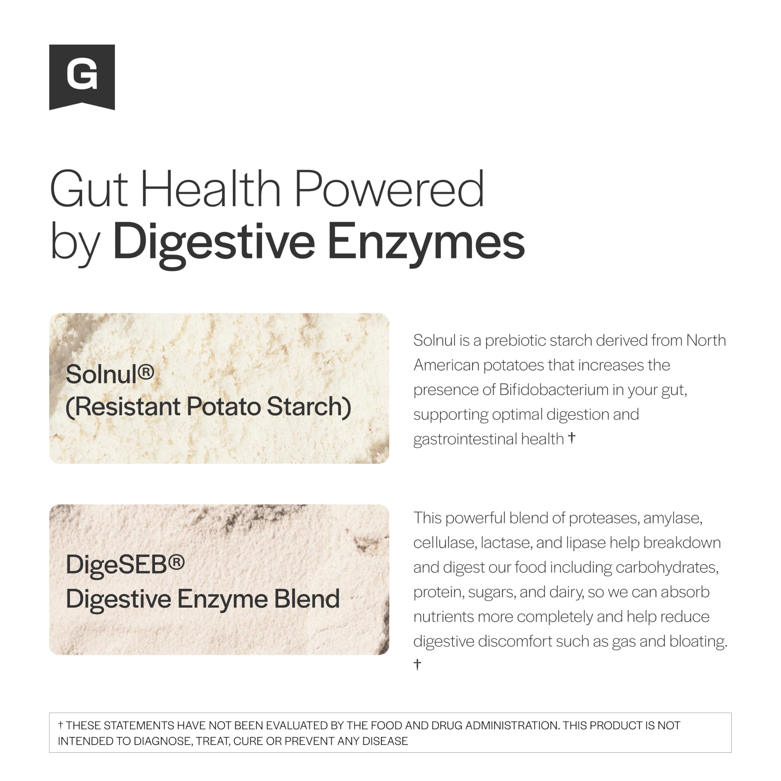 Close-up of powder with digest enzymes and prebiotic ingredients