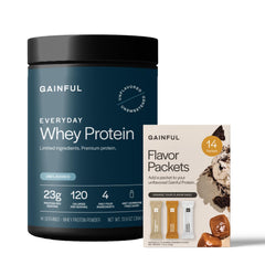 Front packaging of Gainful Everyday Whey Protein Bundle with 14 Flavor Boost Sticks