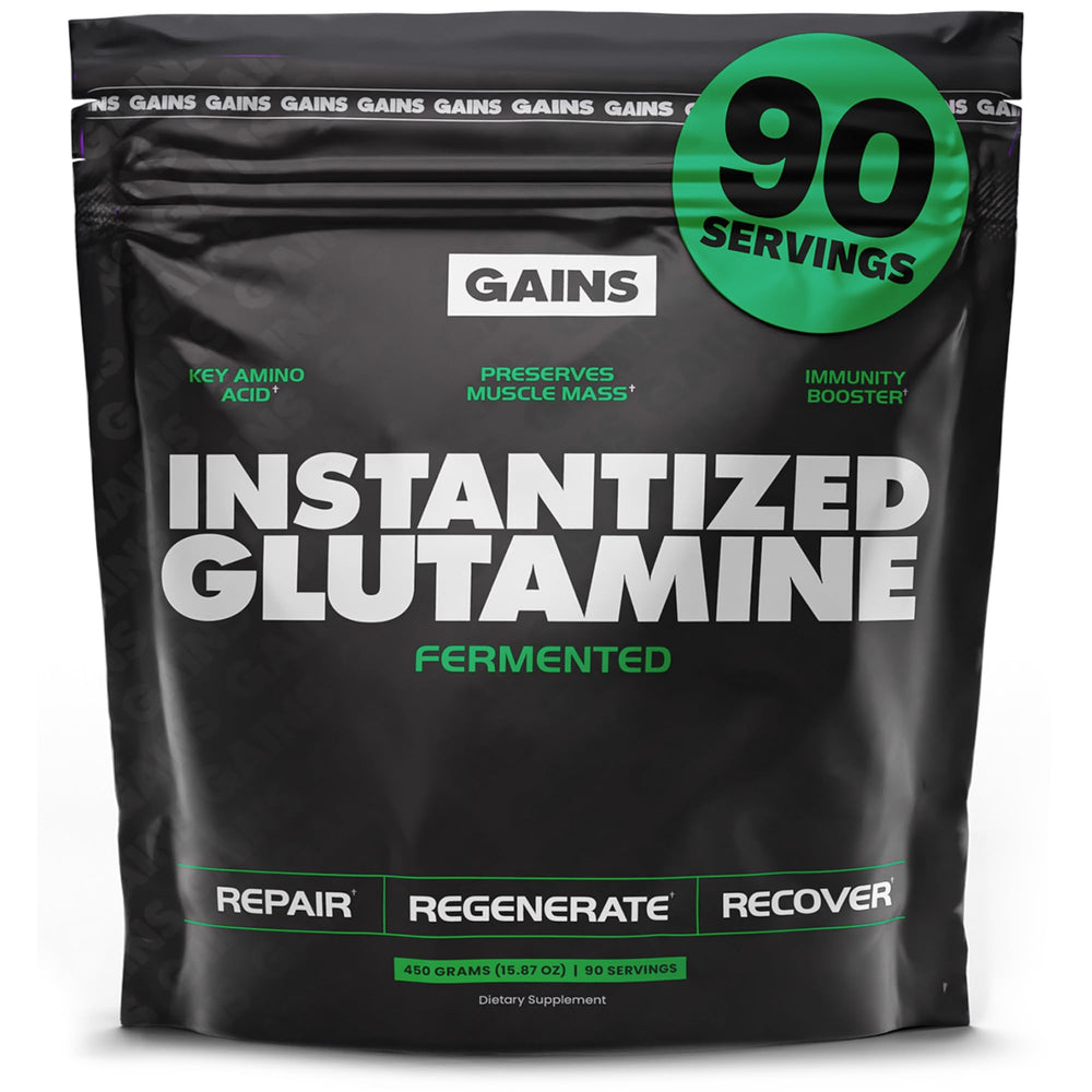 Front view of Gains in Bulk L-Glutamine 90 servings container
