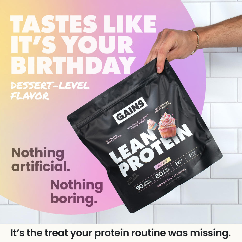 GAINS IN BULK Lean Protein brownie shake ready-for-post-workout treat.