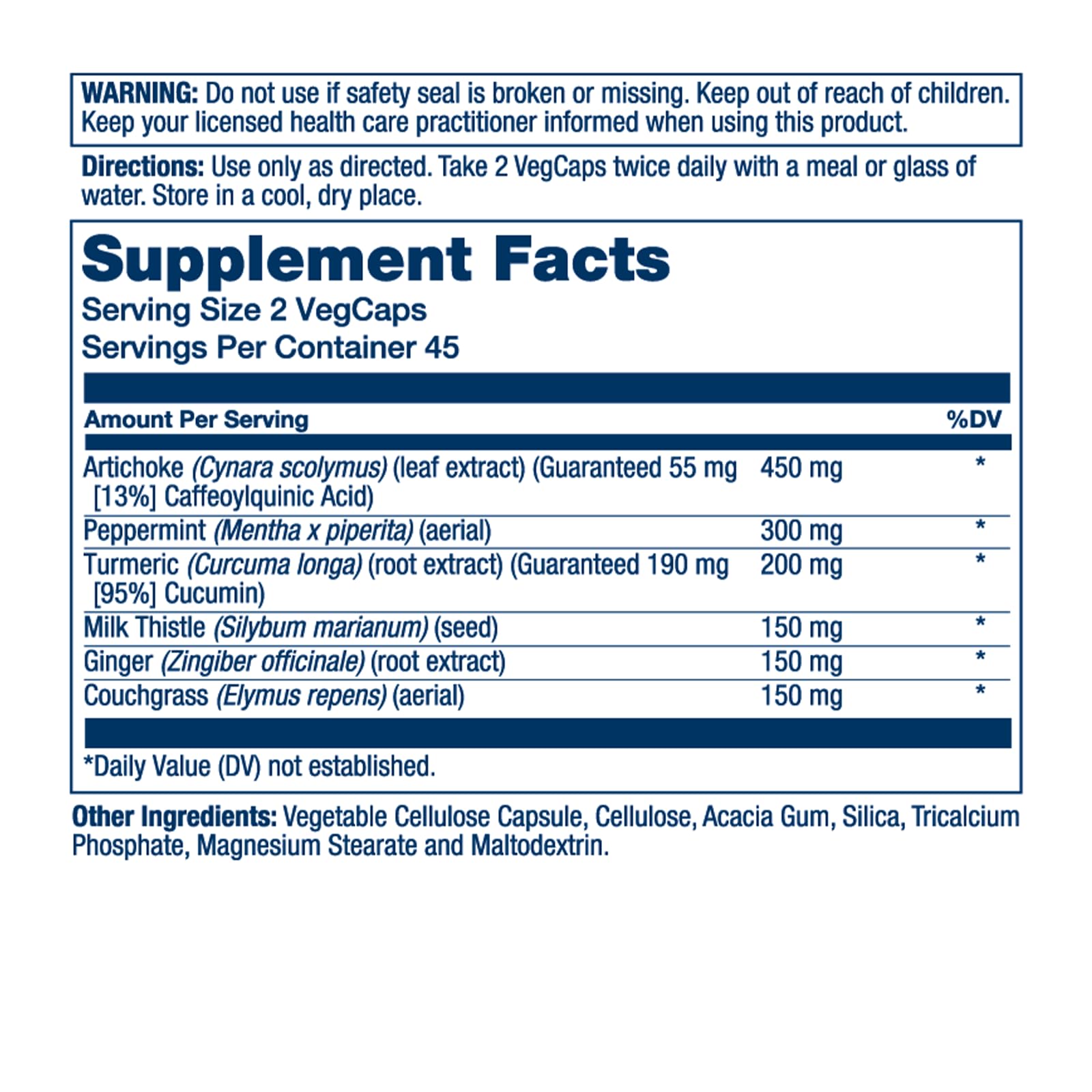 Herbal blend ingredients including artichoke, peppermint, turmeric, milk thistle, ginger, and couchgrass