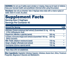 Herbal blend ingredients including artichoke, peppermint, turmeric, milk thistle, ginger, and couchgrass