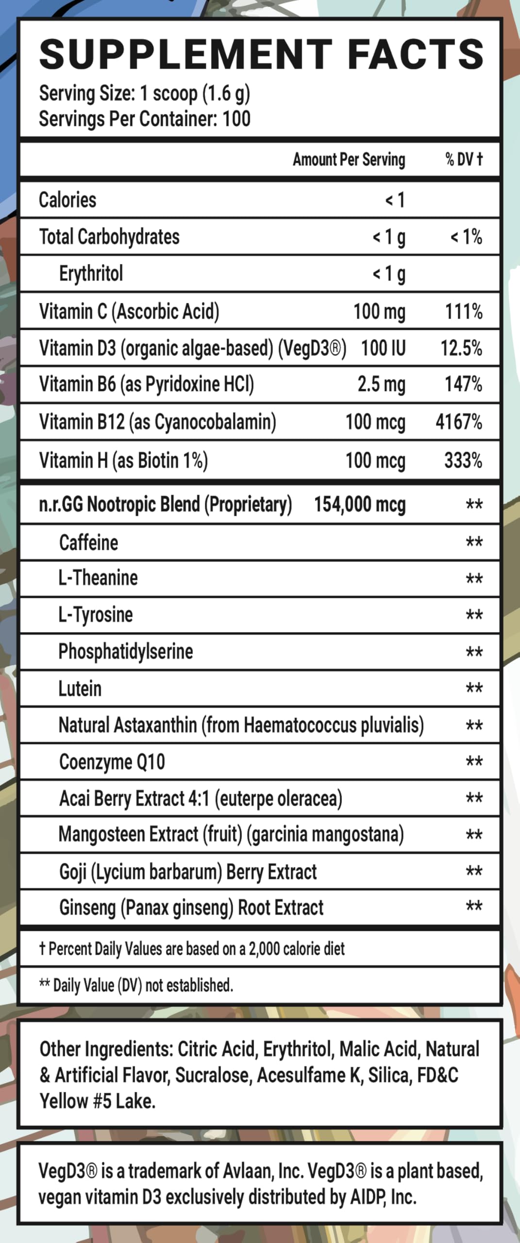 Label emphasizing 100 servings per tub and no fillers in CaseOh's Nuclear Bombsicle.