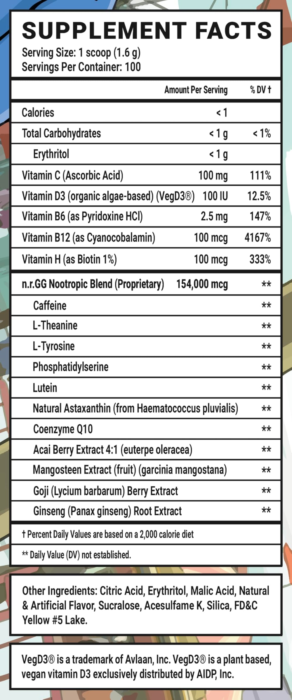 Label emphasizing 100 servings per tub and no fillers in CaseOh's Nuclear Bombsicle.