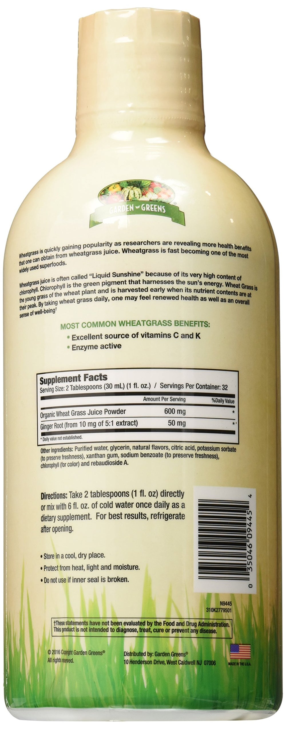 Lemon-flavored Garden Greens Wheat Grass Liquid label with ingredients