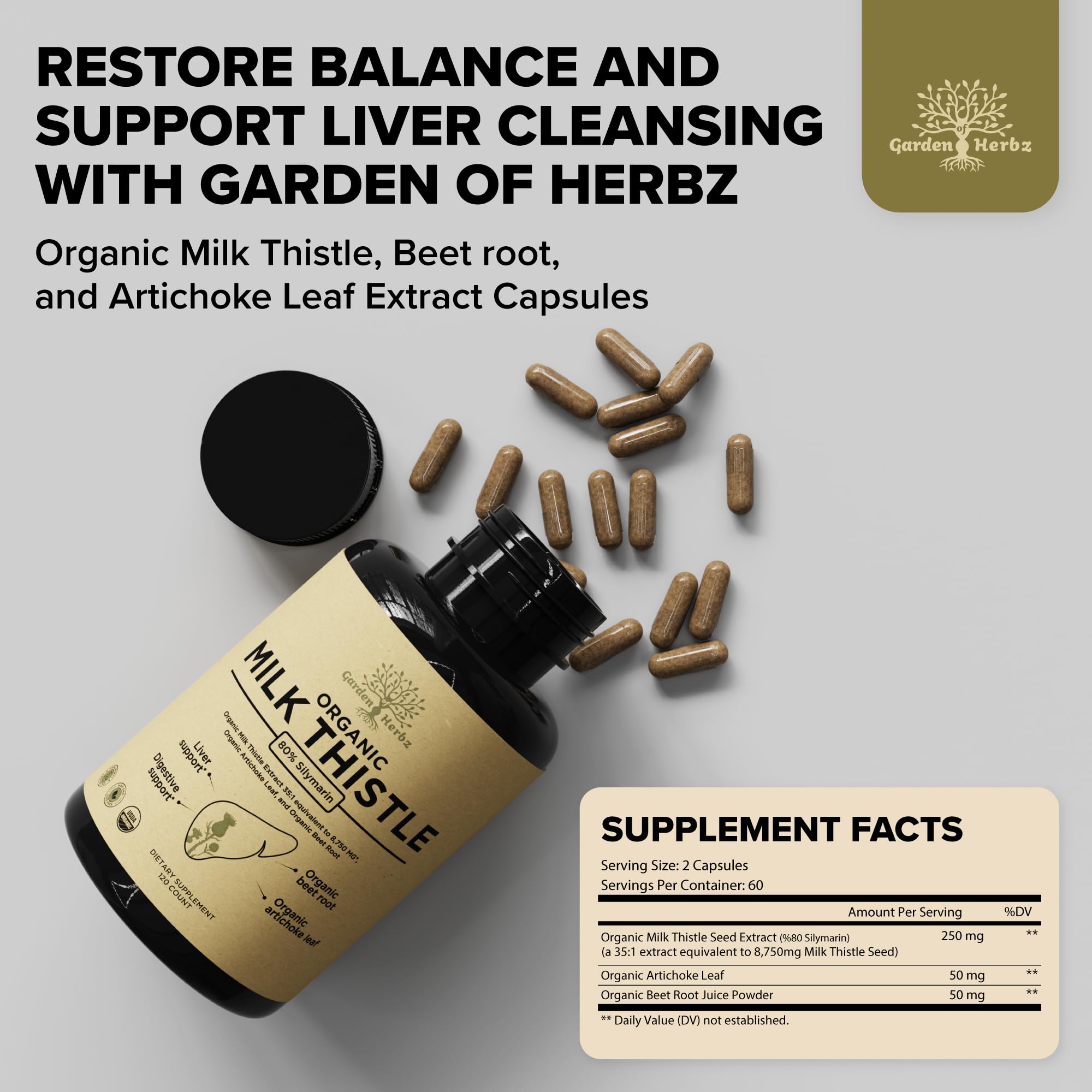 Label highlighting organic milk thistle 250 mg with beet root and artichoke leaf extract