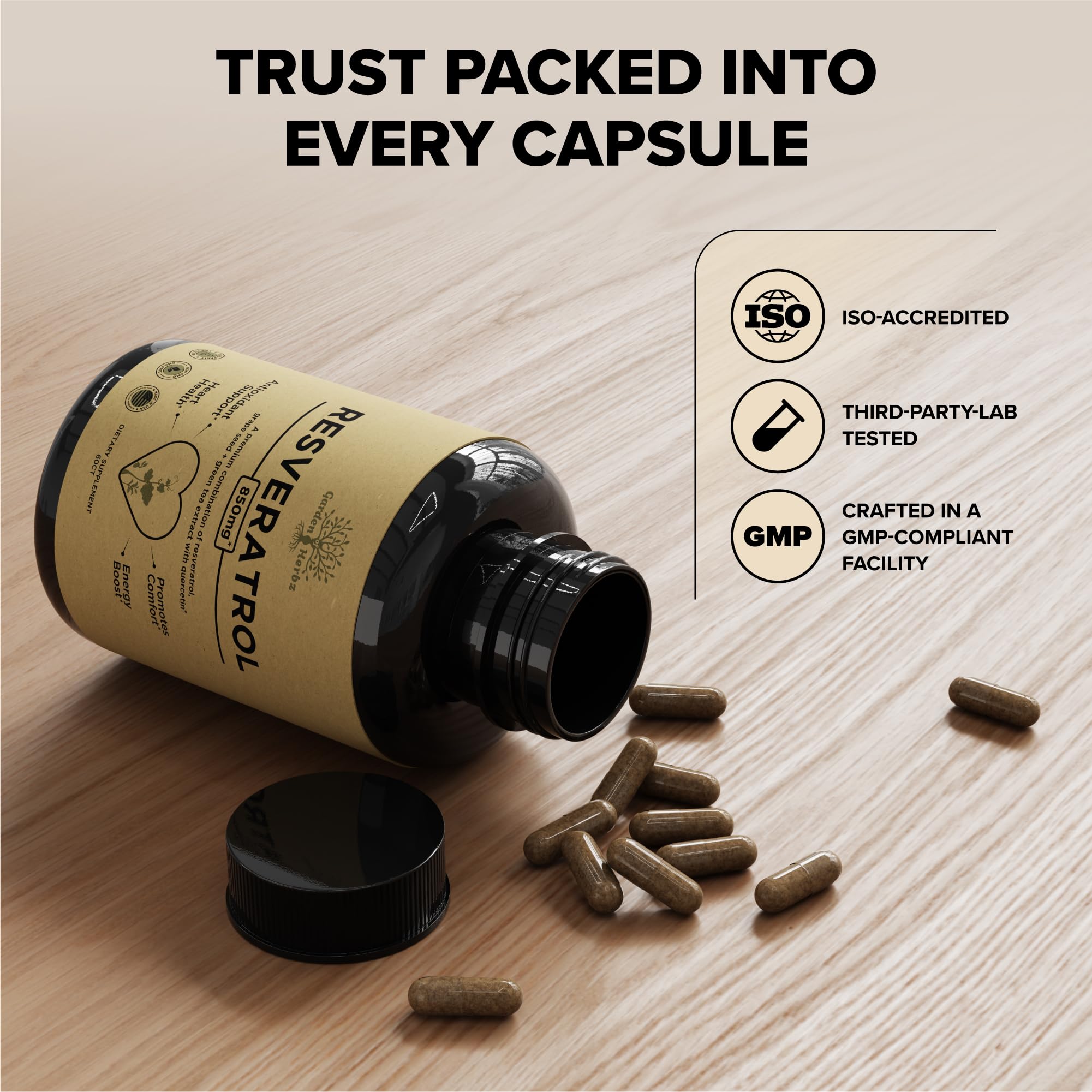 Ingredients panel showing resveratrol, quercetin, green tea extract, and grape seed extract