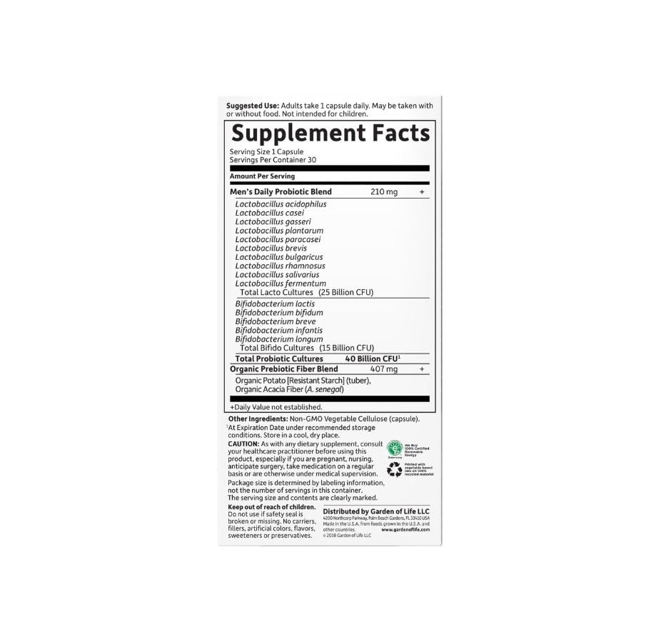 Supplement facts panel showing 25B Lacto and 15B Bifido