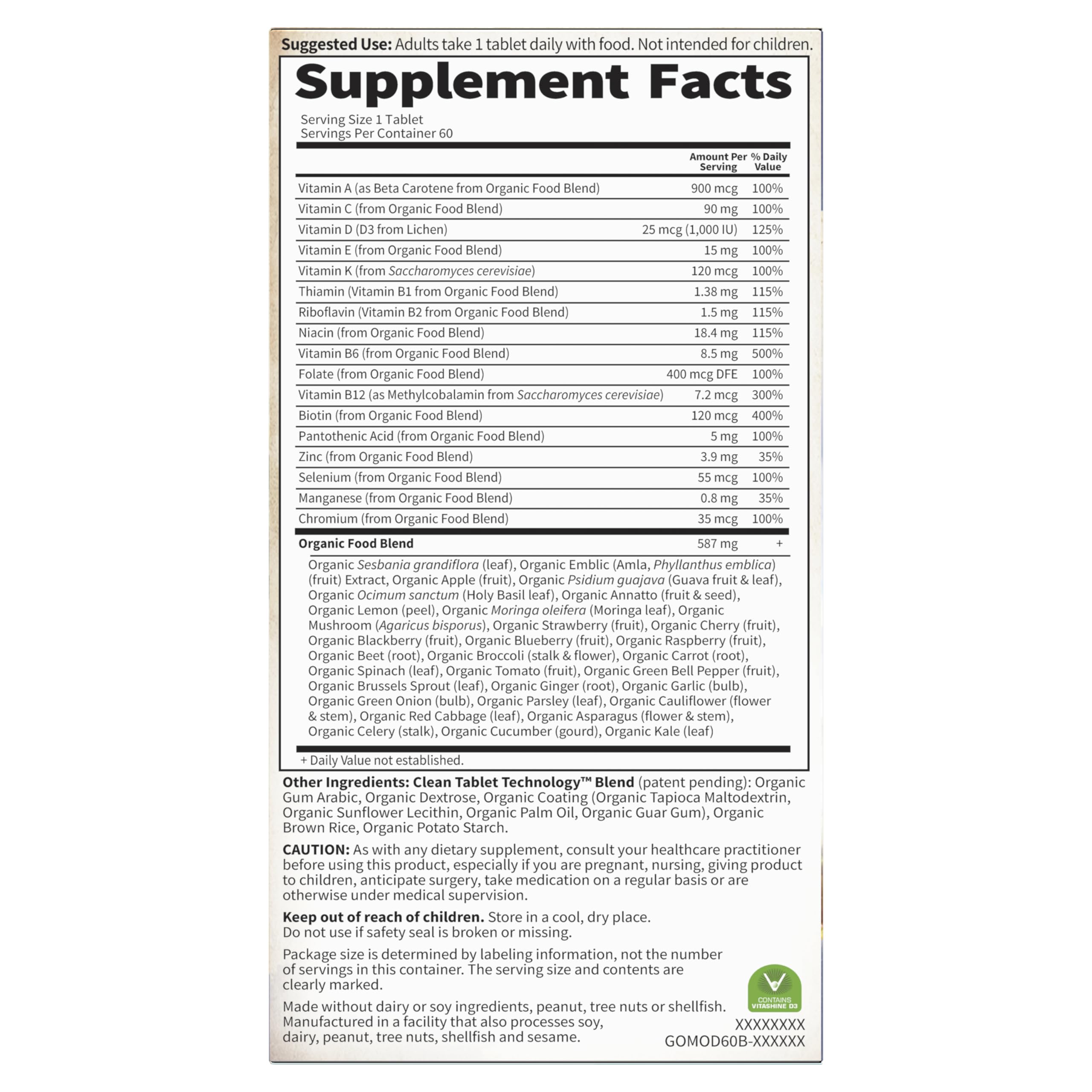 Certified organic and vegan multivitamin packaging