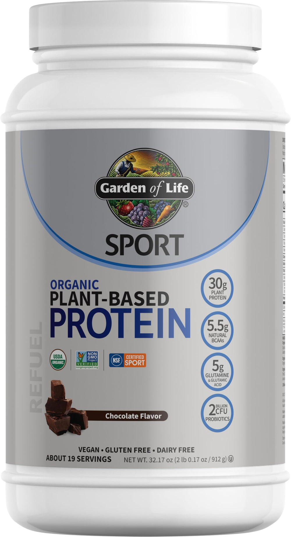 Garden of Life Organic Vegan Protein Powder chocolate flavor container showing 19 servings