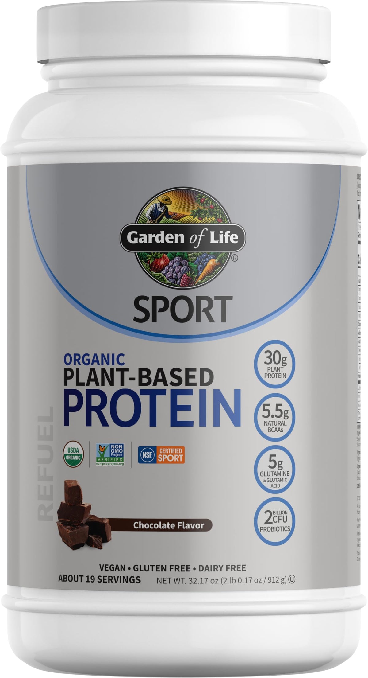 Garden of Life Organic Vegan Protein Powder chocolate flavor container showing 19 servings