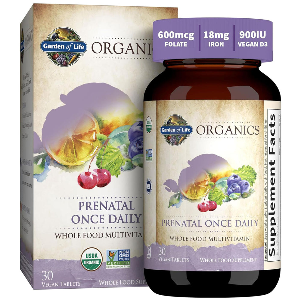 Bottle of Garden of Life Organics Prenatal Vitamin on white background