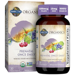 Bottle of Garden of Life Organics Prenatal Vitamin on white background