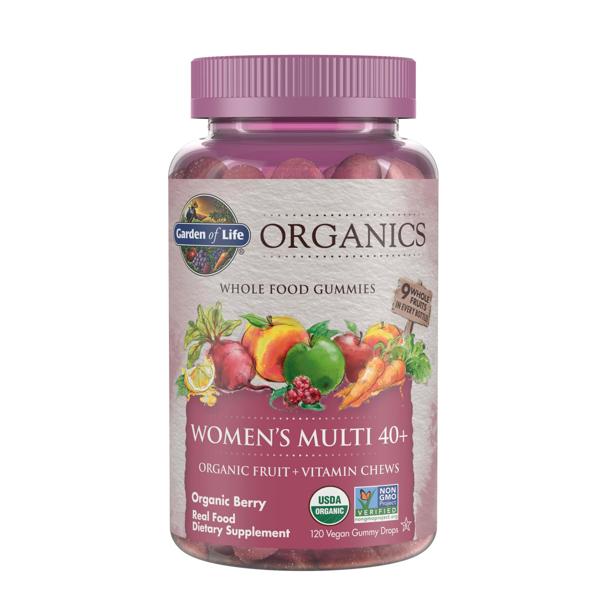Front view of Garden of Life Organics Women's 40+ Multi Gummies Berry bottle