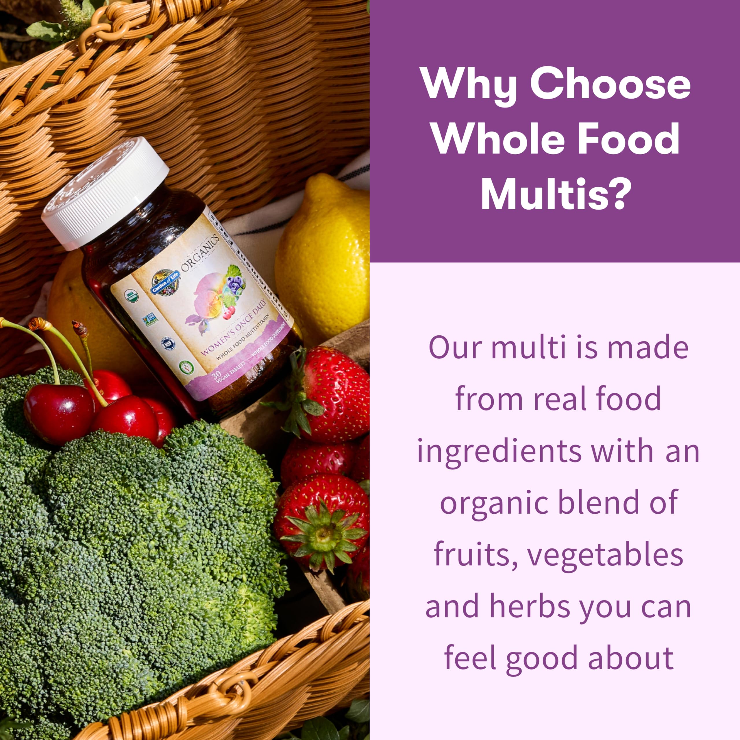 Garden of Life Organics Women's Multivitamin bottle on counter, ready for daily routine