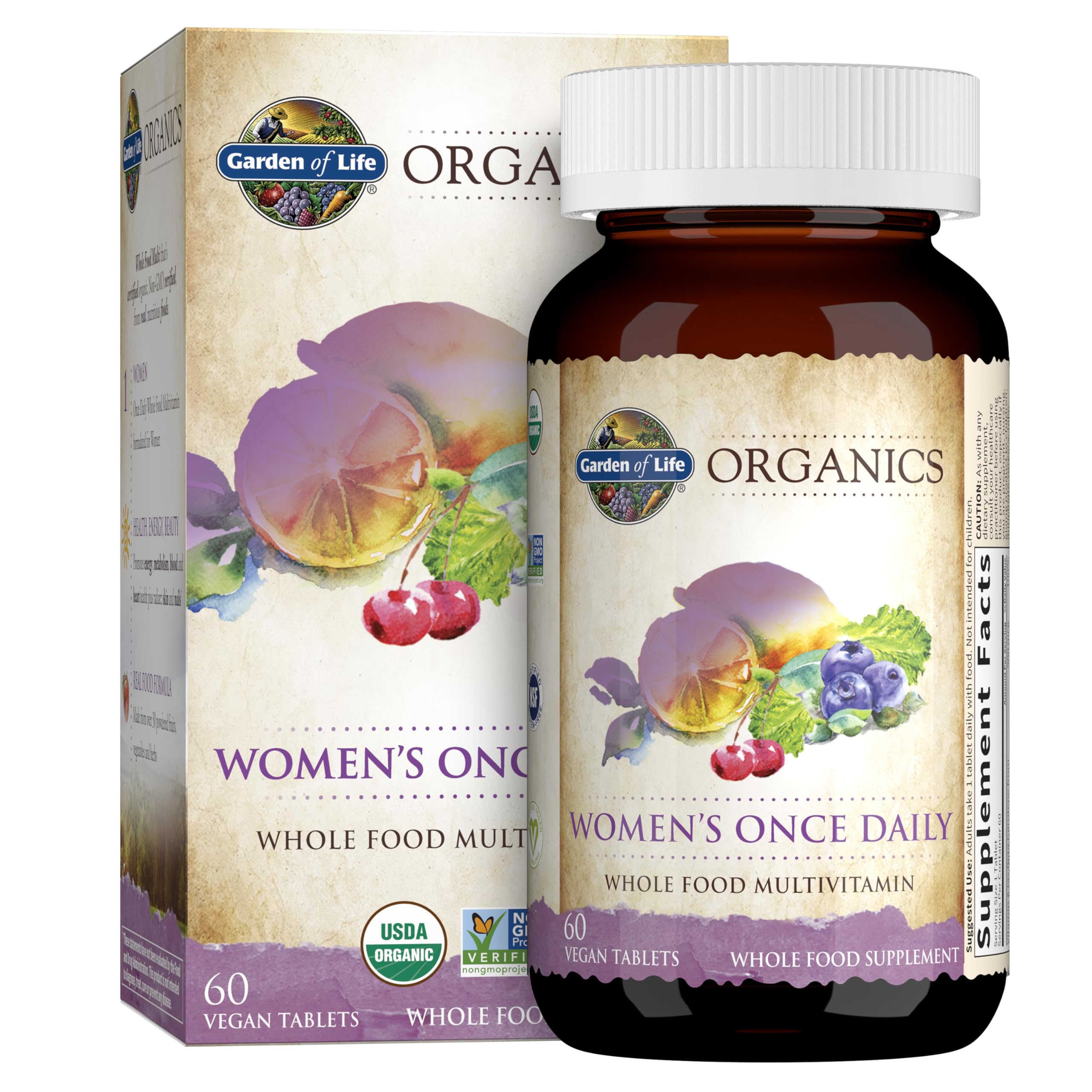 Garden of Life Organics Women's Multivitamin bottle pour, highlighting easy daily use for energy