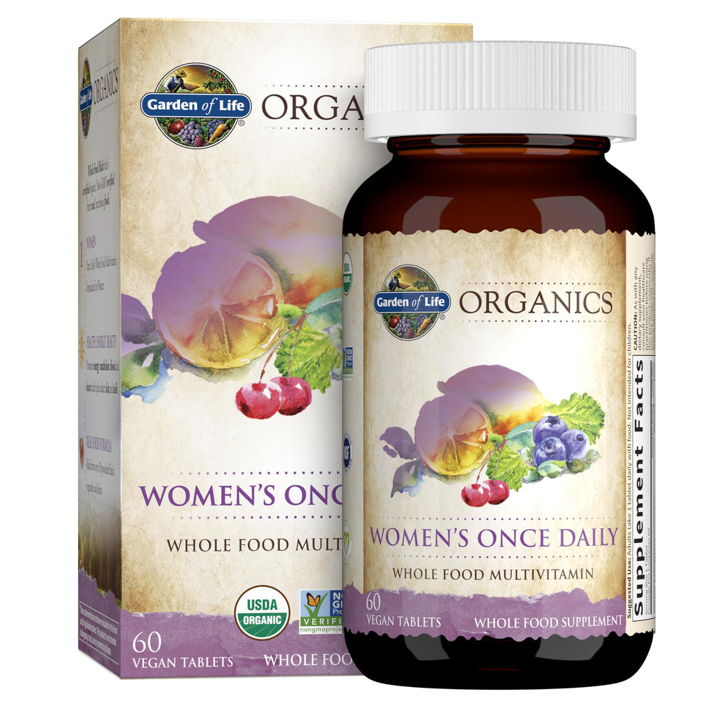 Garden of Life Organics Women's Multivitamin bottle pour, highlighting easy daily use for energy