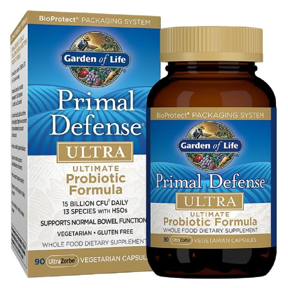 Garden of Life Primal Defense Ultra probiotic bottle showing 15B CFU and 13 strains