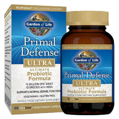 Garden of Life Primal Defense Ultra probiotic bottle showing 15B CFU and 13 strains