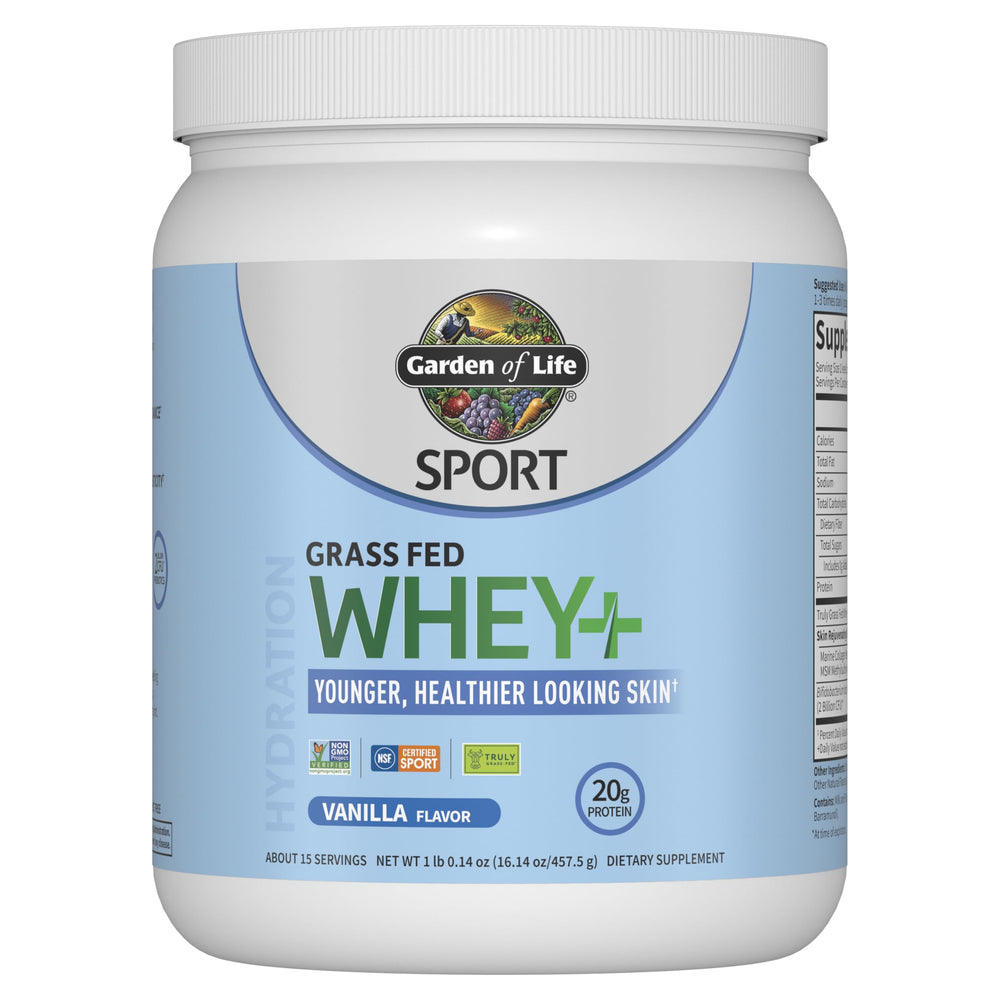 Garden of Life SPORT whey vanilla canister — premium protein for workouts and skin radiance.