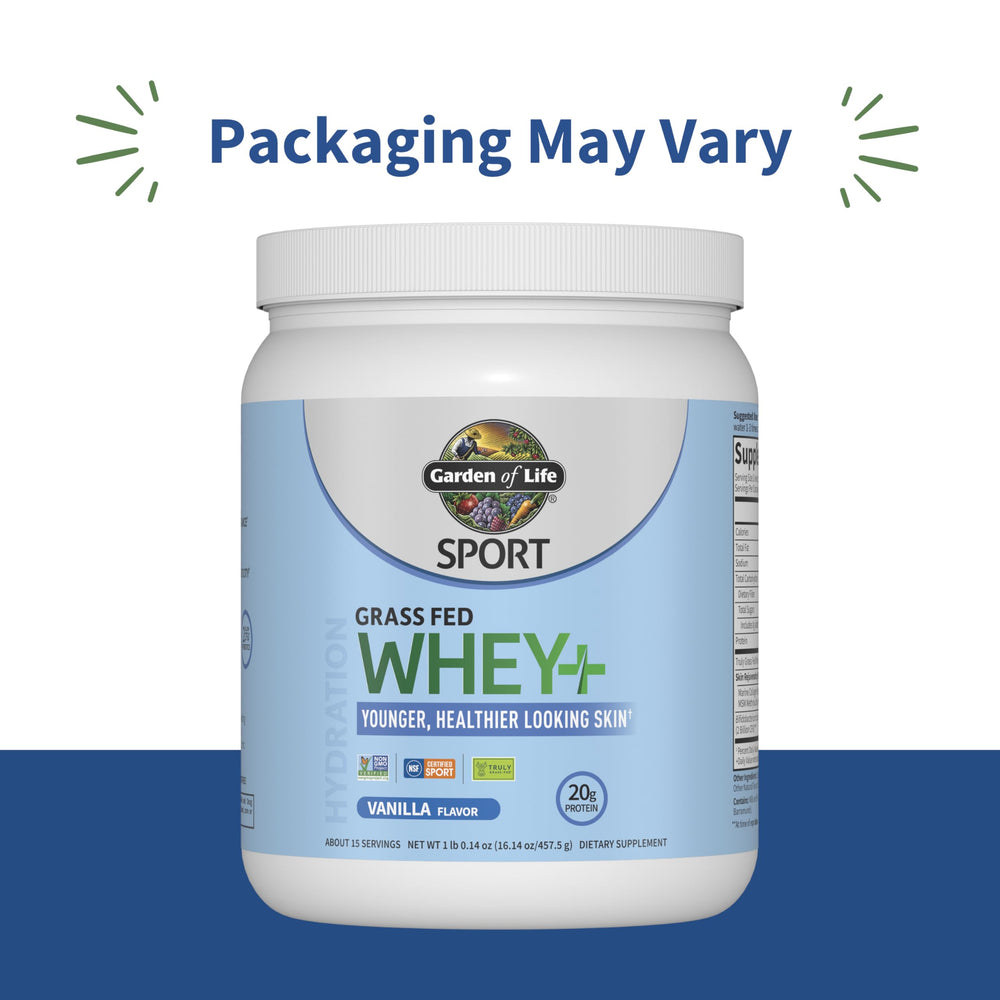 Garden of Life SPORT whey vanilla micro-filtered whey — clean protein from grass-fed cows.