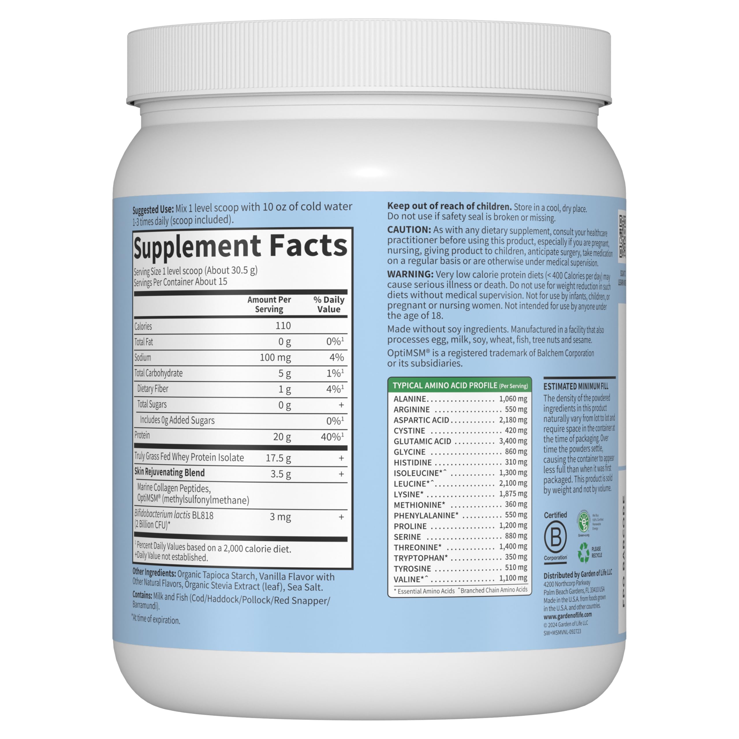 Nutrition label and branding on the vanilla whey tub