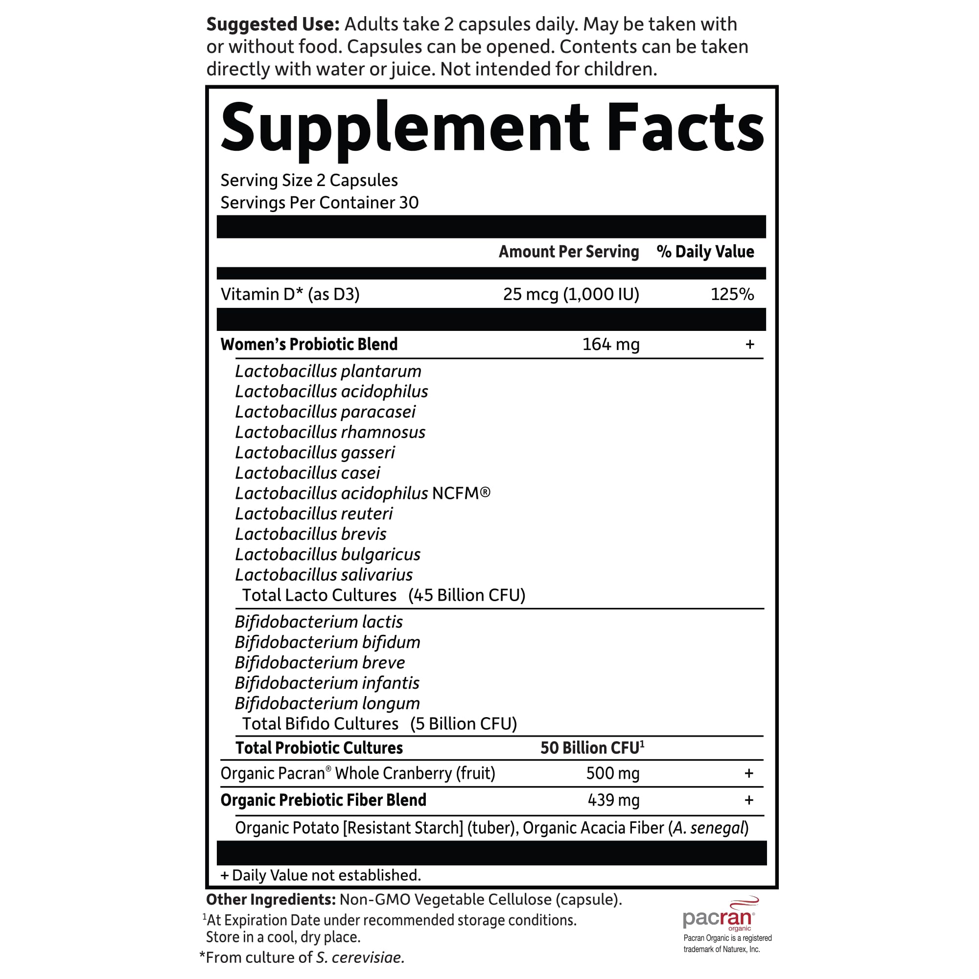 Bottle back with supplement facts of Urinary Tract+ probiotic