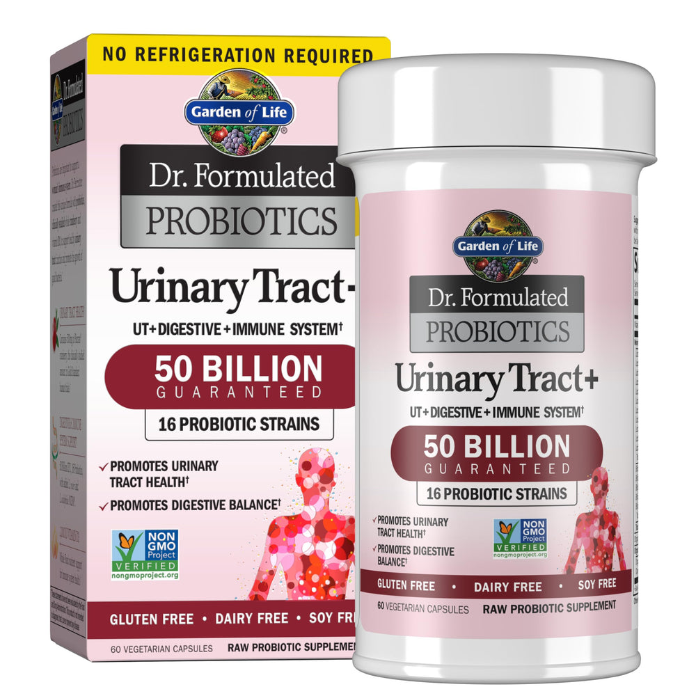 Front view of Garden of Life Urinary Tract+ probiotic bottle