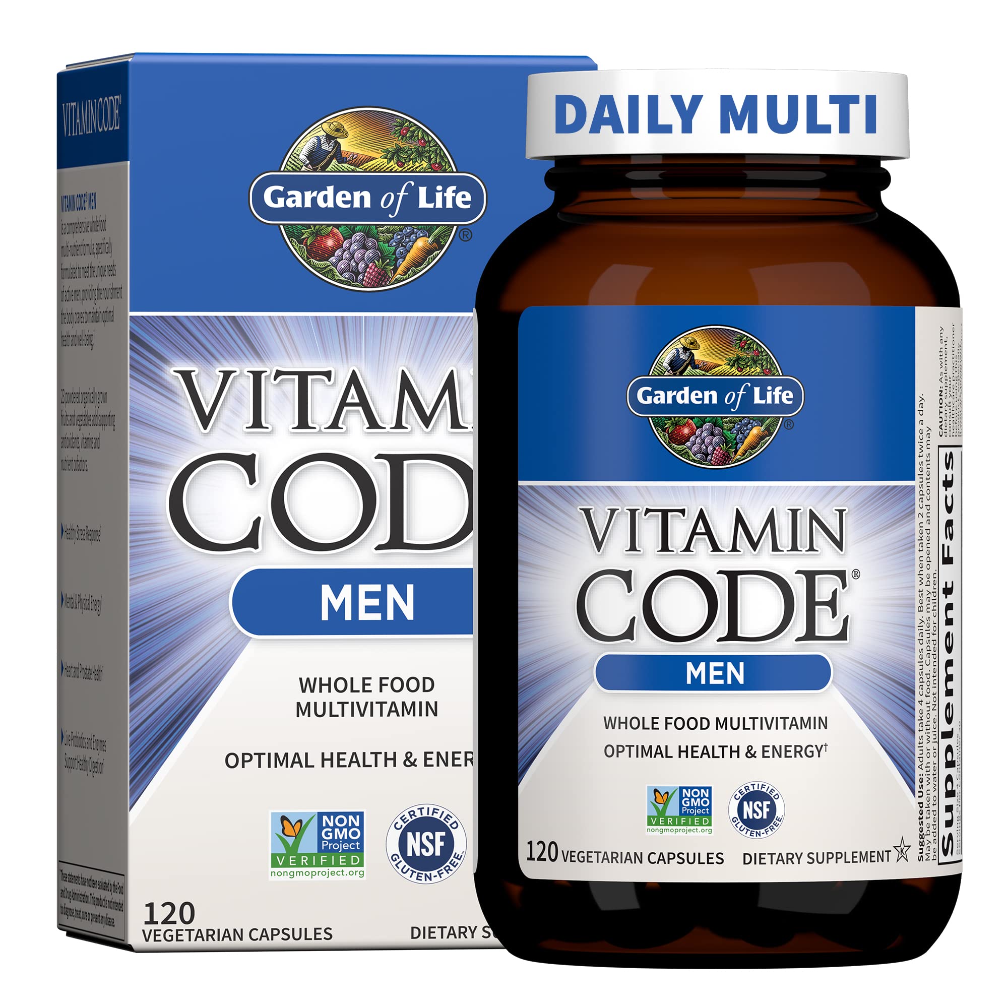 Front view of Garden of Life Vitamin Code Men's 120-capsule bottle