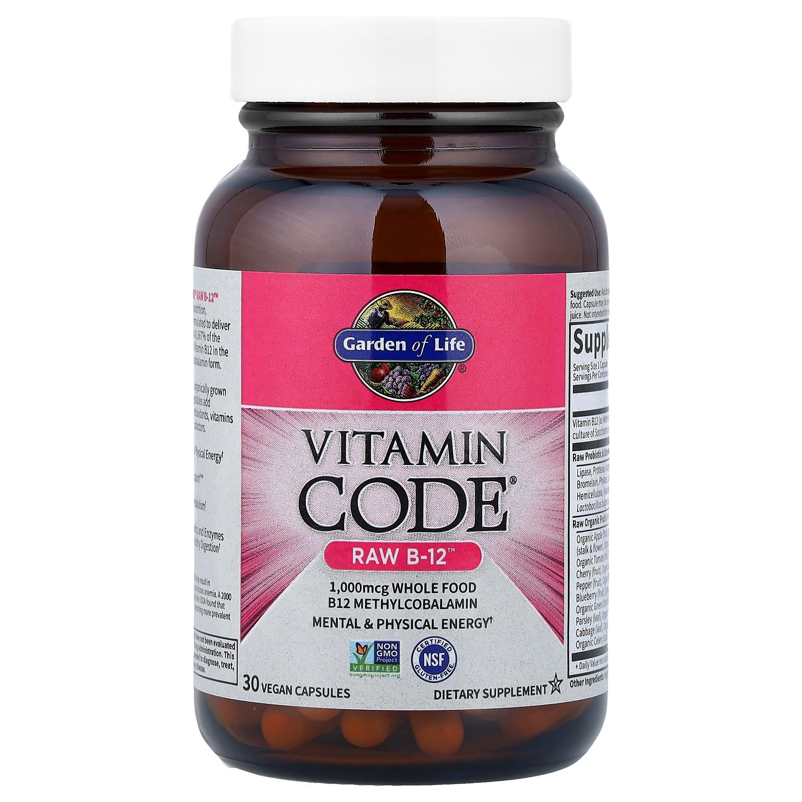Bottle on white background highlighting 1000mcg B-12