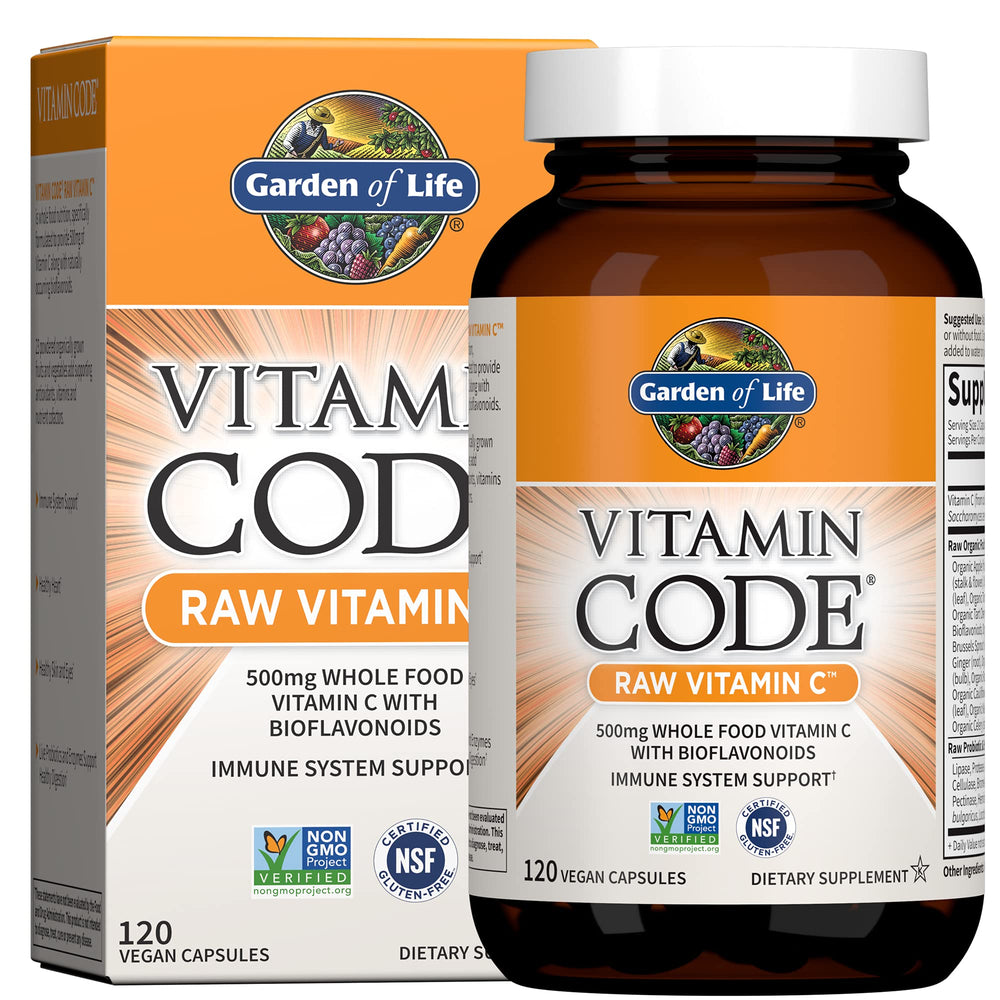 Garden of Life Vitamin Code Raw Vitamin C bottle with 120 capsules for daily immune support.