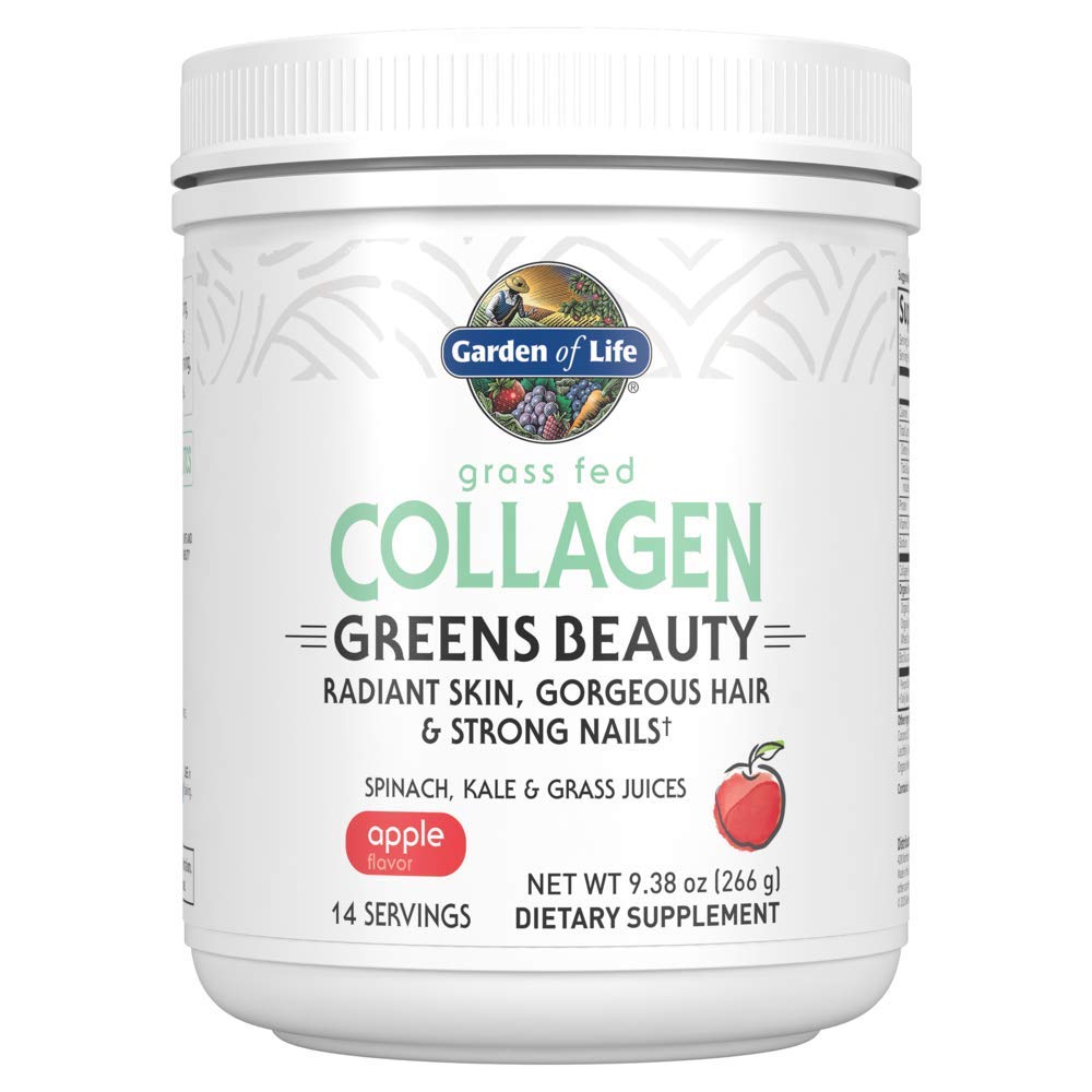 Front view of Garden of Life Grass Fed Collagen Greens Apple flavor bottle