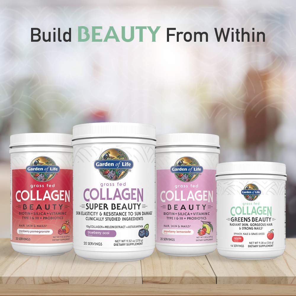 Key features graphic for collagen peptides plus greens for skin, hair, nails, joints