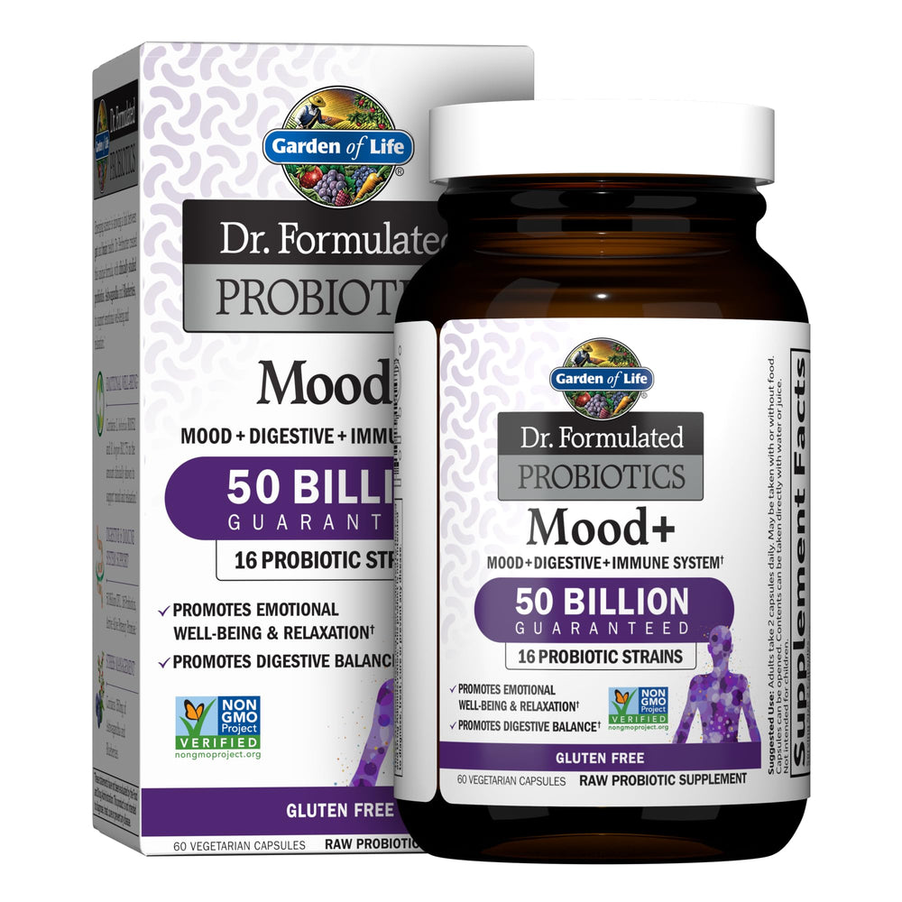 Bottle of Garden of Life Mood+ Probiotics with 60 veggie caps