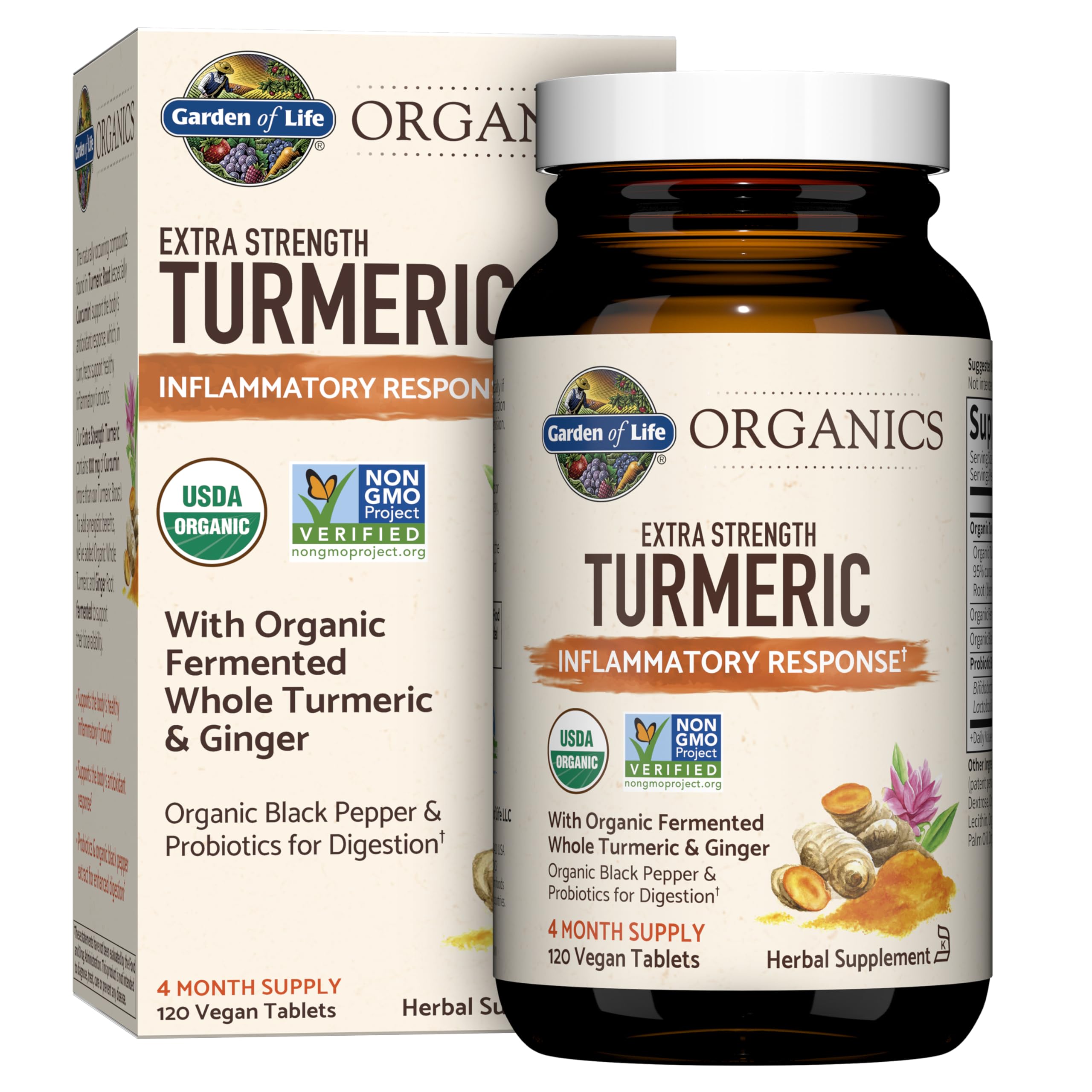 Bottle of Garden of Life Organic Extra Strength Turmeric with 120 tablets