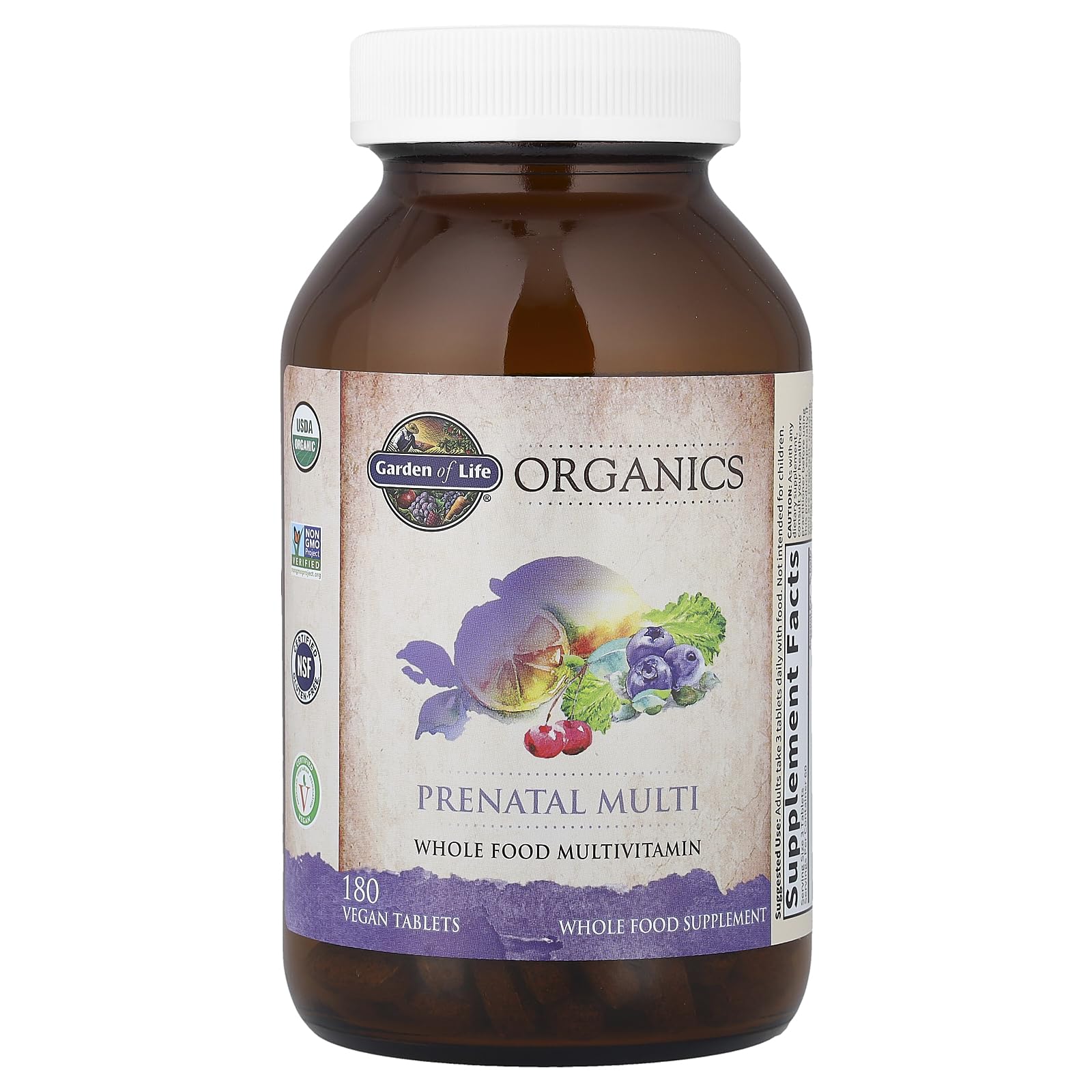 Front of bottle showing Organic, Non-GMO, Vegan and Gluten-Free seals