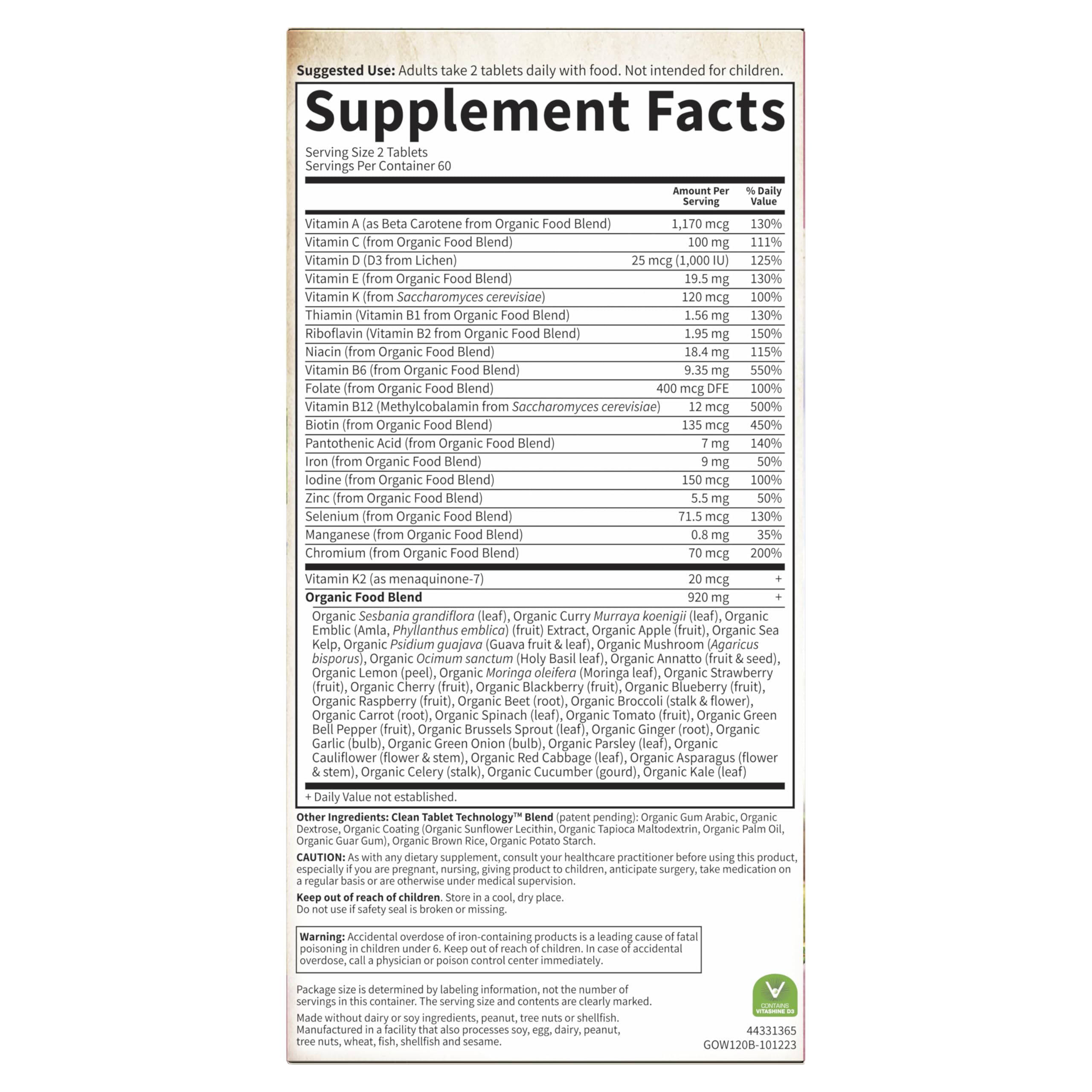 Nutrition facts for Garden of Life Organics Women's Multi
