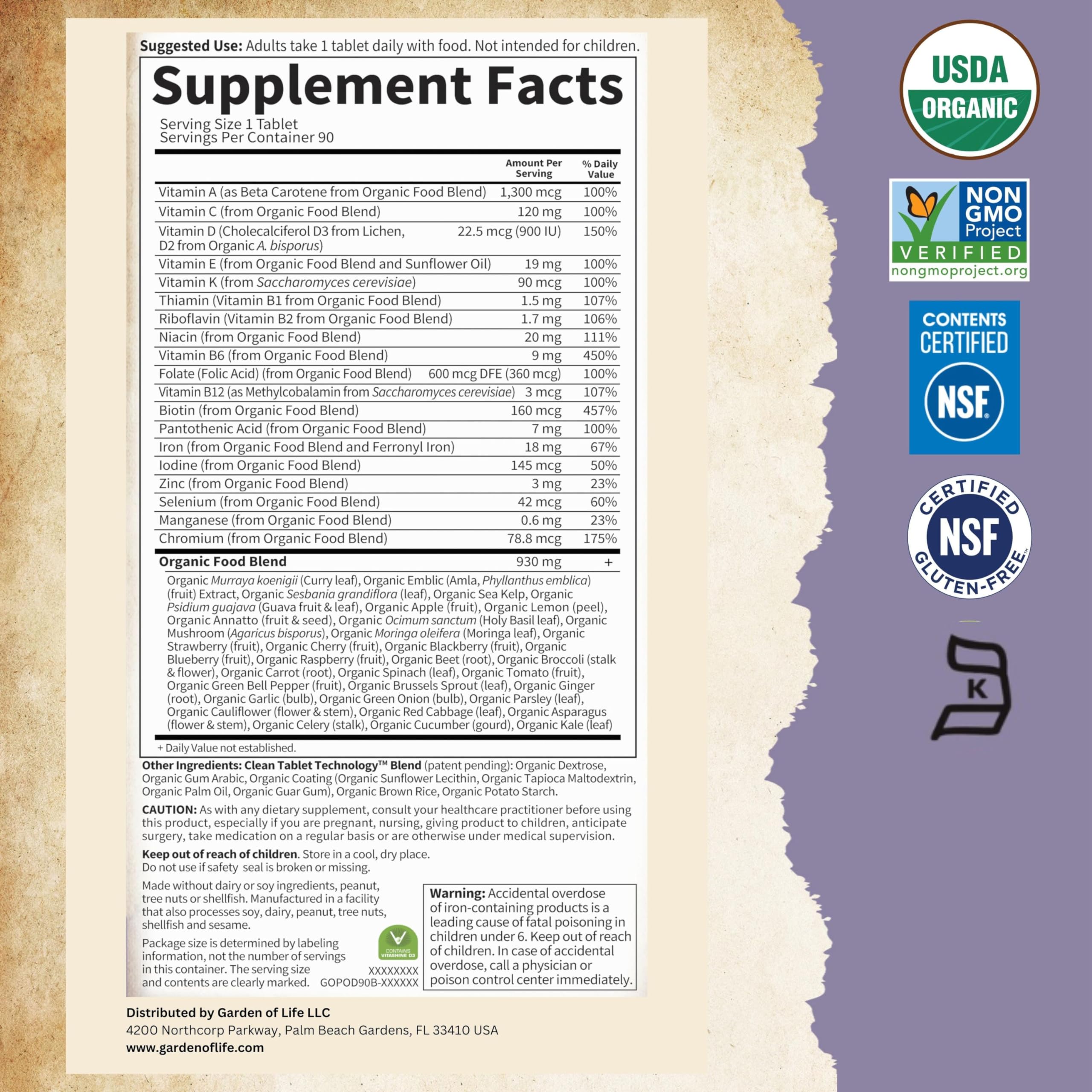 Vegan, gluten-free, kosher certification icons on bottle