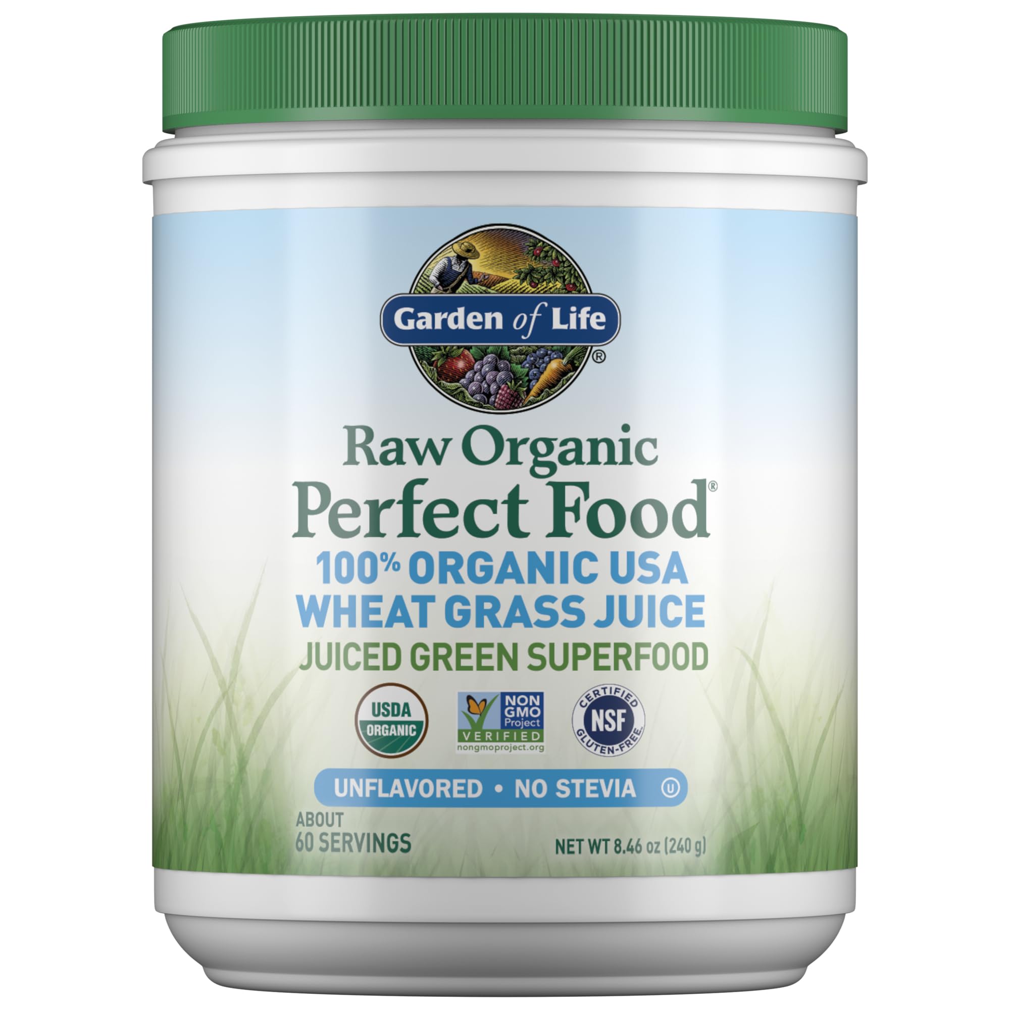Garden of Life Raw Organic Wheat Grass Powder bottle and scoop