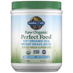 Garden of Life Raw Organic Wheat Grass Powder bottle and scoop