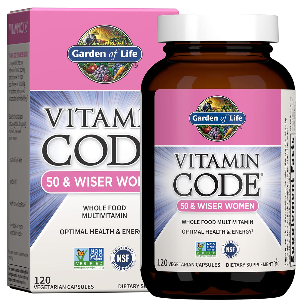 Front view of Garden of Life Vitamin Code Women 50 & Wiser 120-capsule bottle