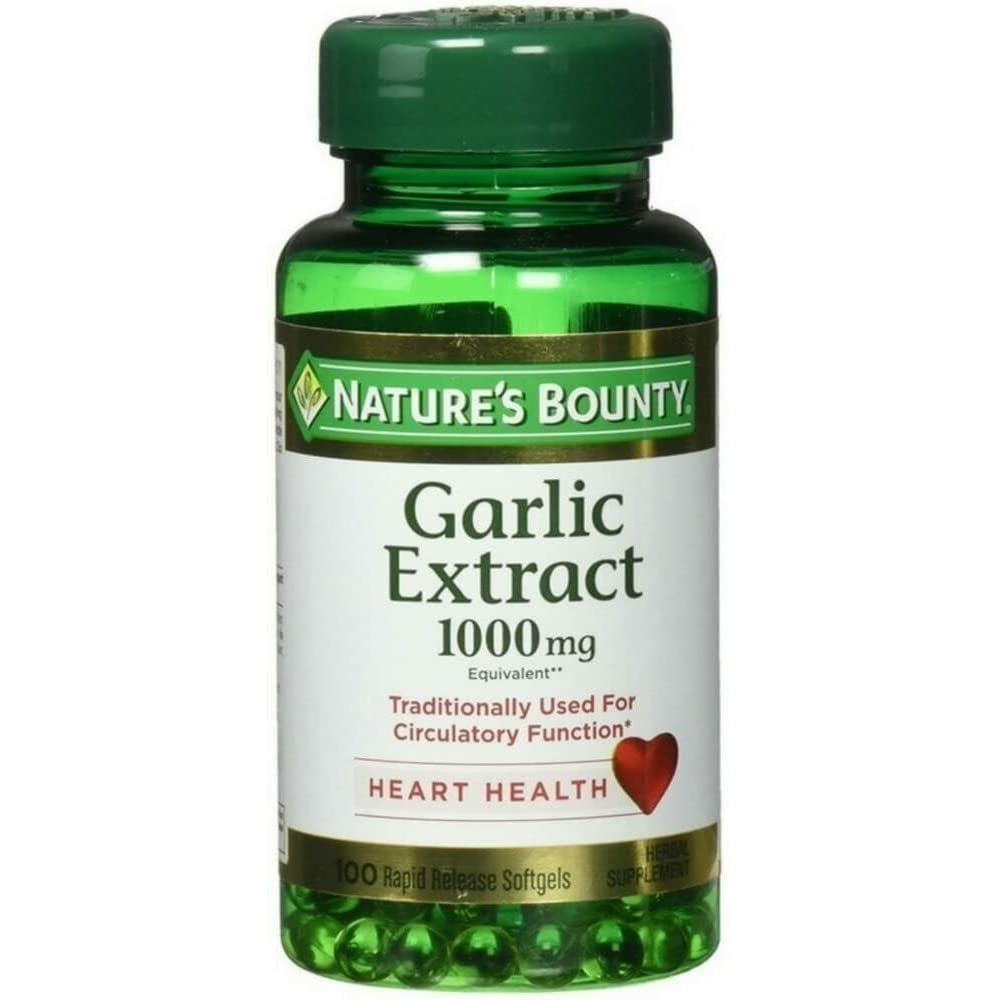 Garlic extract softgels close-up showing 1000 mg dosage