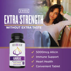 Garlic extract supplement highlighting immune and heart health benefits