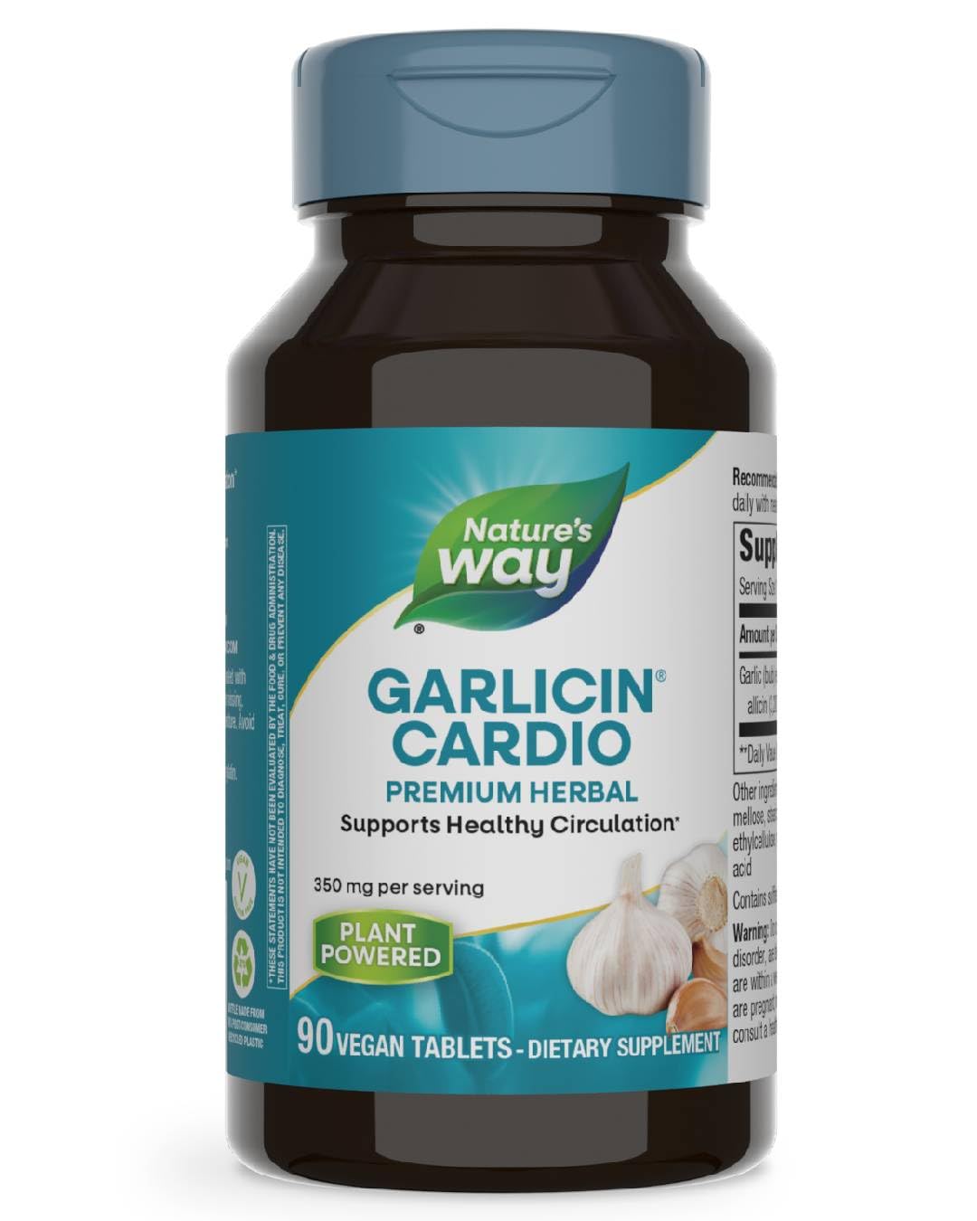 Bottle of Nature’s Way Garlicin Cardio Premium Herbal 350 mg per serving, 90 tablets