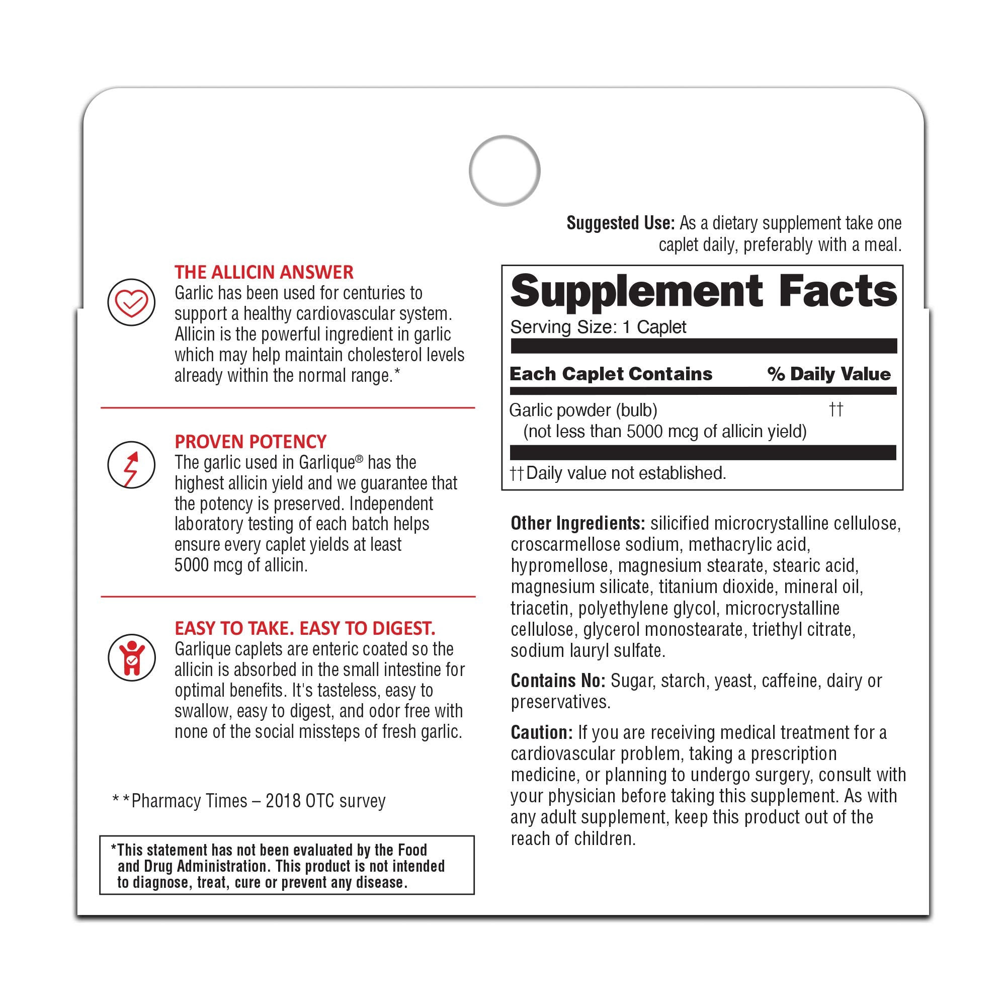 Close-up of Garlique caplet showing 5,000 mcg allicin potency