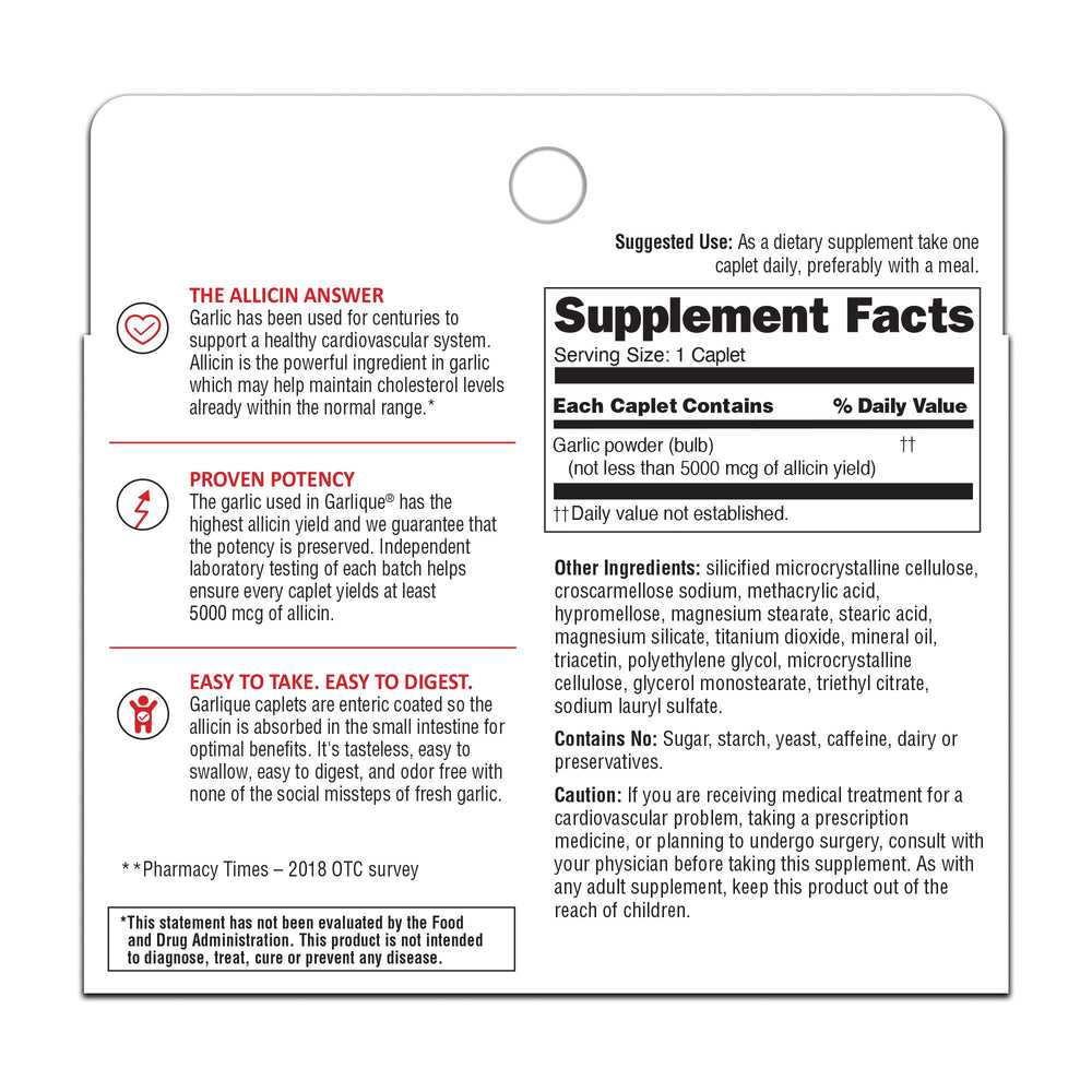 Close-up of Garlique caplet showing 5,000 mcg allicin potency